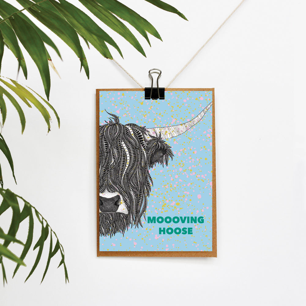 Highland Cow Colourful Moving Card in Blue