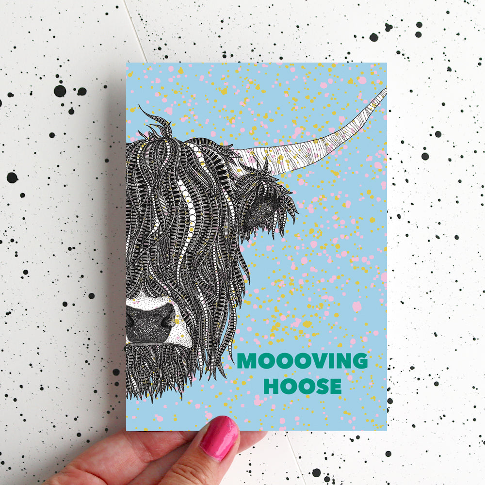 Highland Cow Colourful Moving Card in Blue
