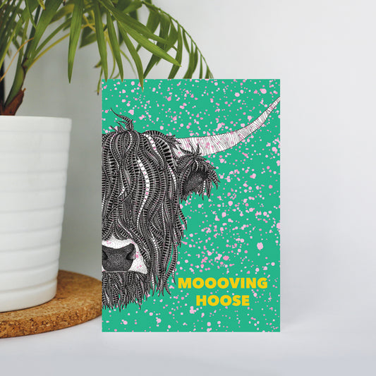 Highland Cow Colourful Moving Card in Green