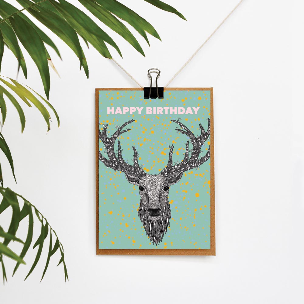 Stag's Head Colourful Birthday Card