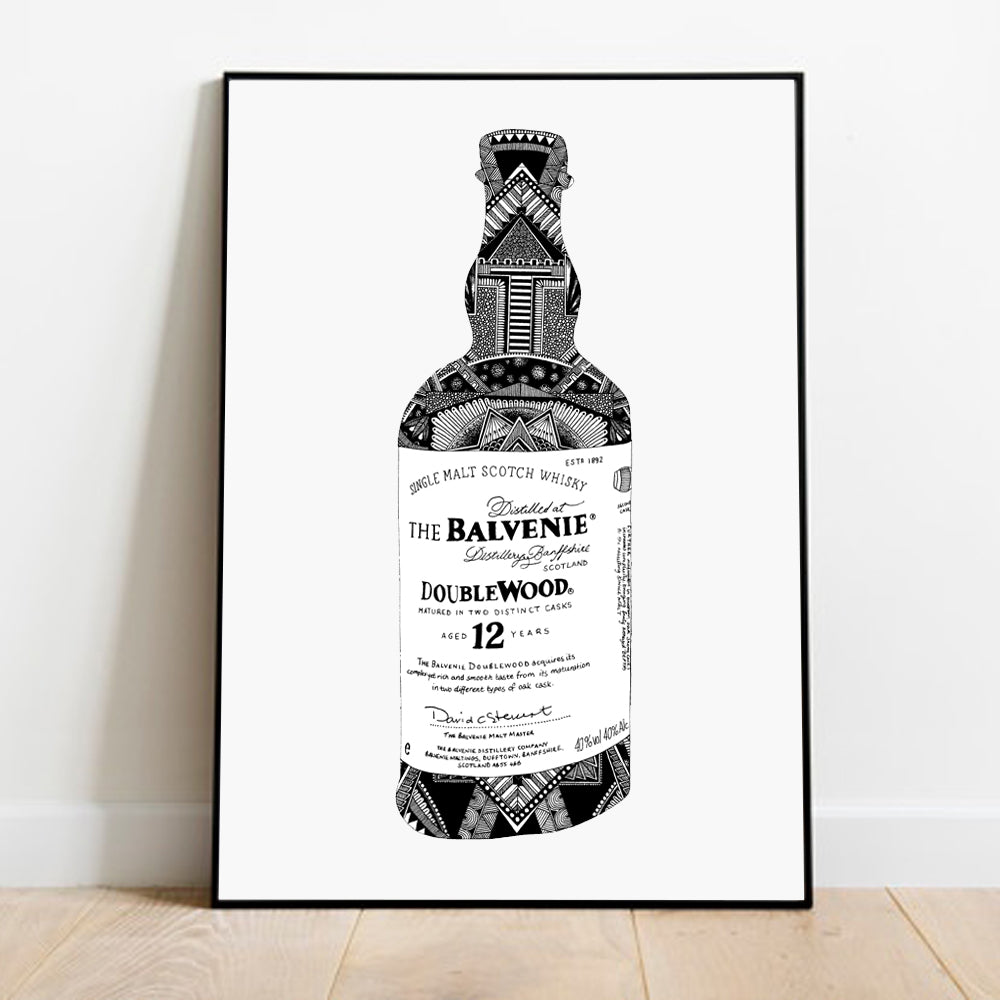 Hand drawn artwork of a bottle of Balvenie whisky in black and white