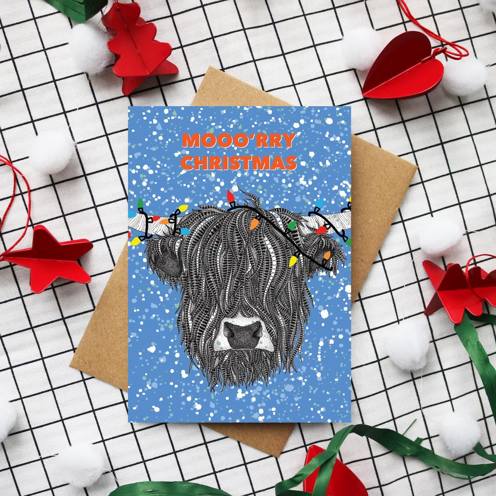 highland-cow-with-christmas-lights-blue-christmas-card