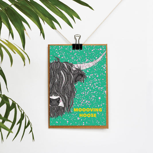 Highland Cow Colourful Moving Card in Green