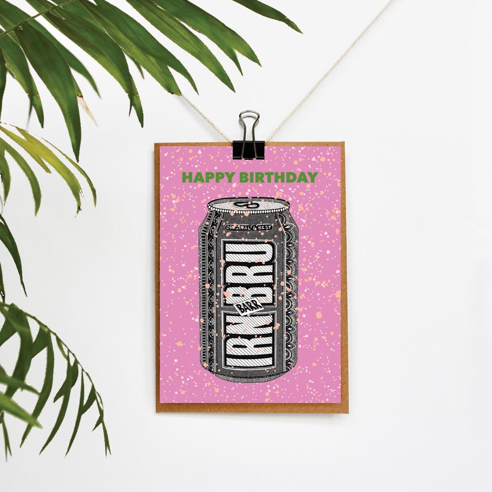 A Pink Greetings Card with an Illustration of an Irn Bru can on it