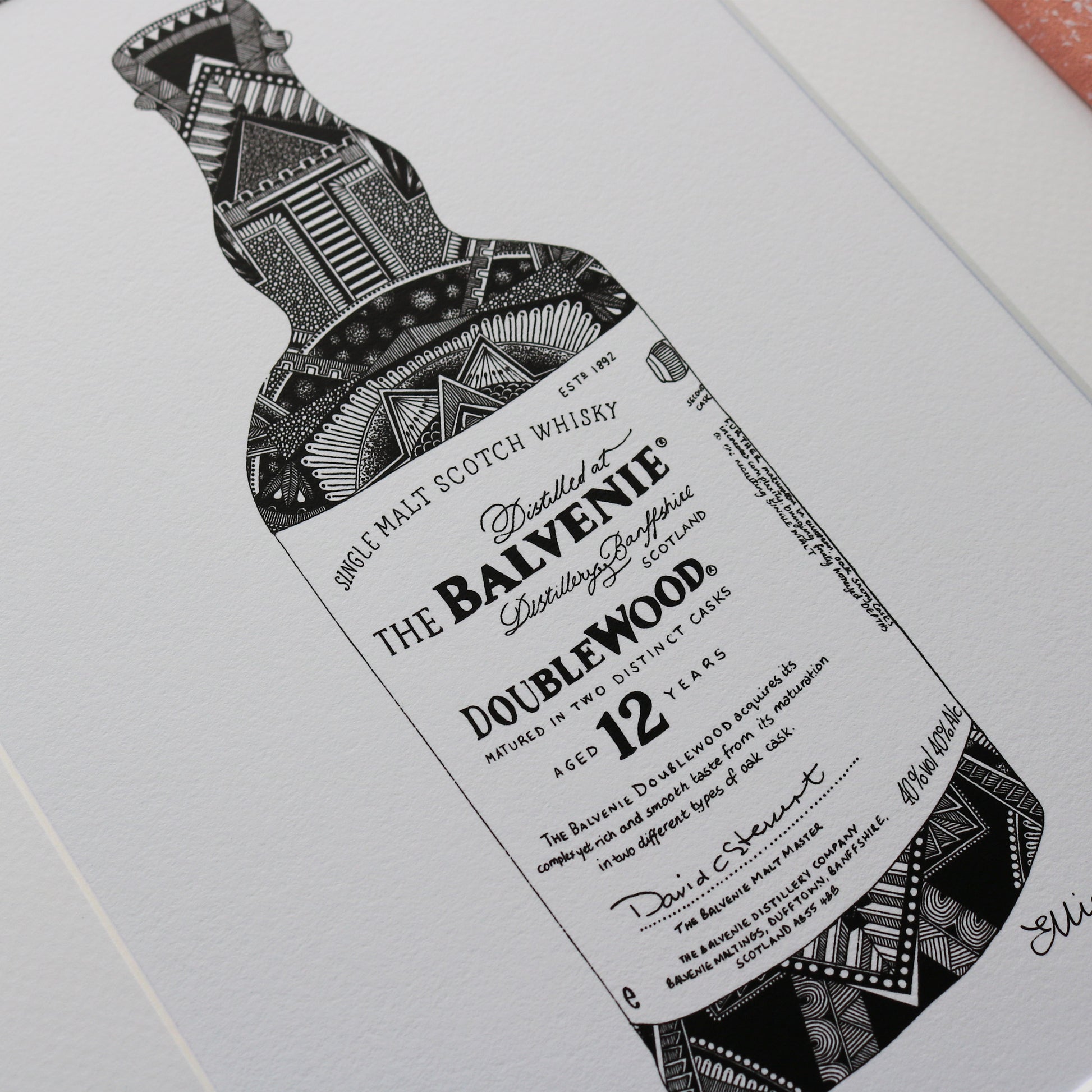 Hand drawn artwork of Balvenie Whisky in Black and white