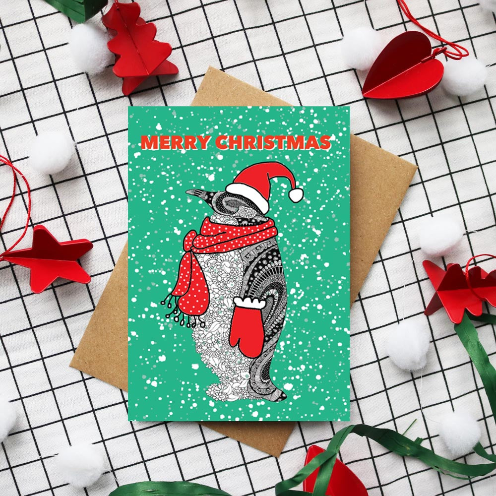 penguin-in-hat-and-scarf-green-christmas-card