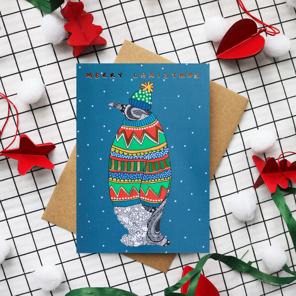 Penguin in Jumper Foiled Christmas Card
