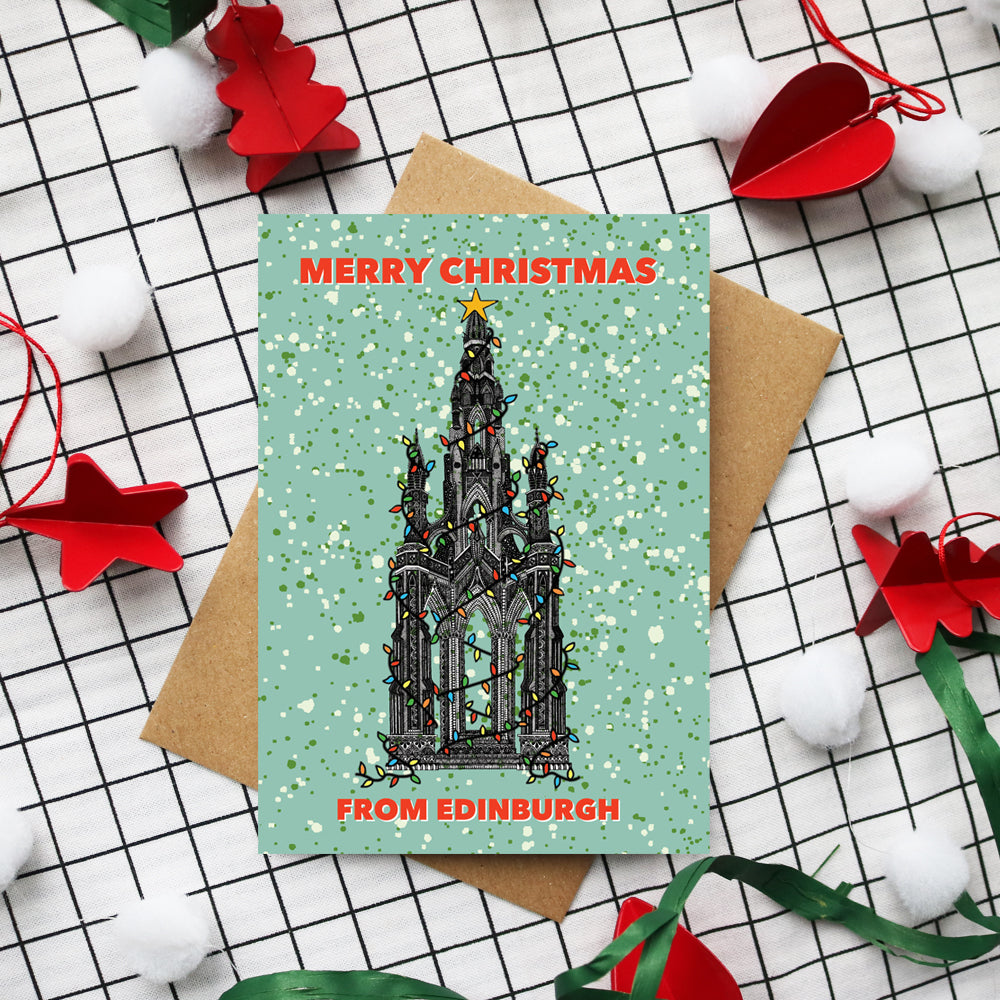 Christmas card with Scott monument in lights in green