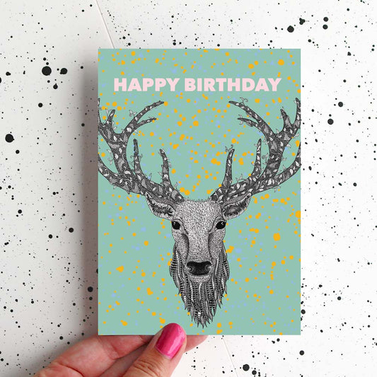 Stag's Head Colourful Birthday Card