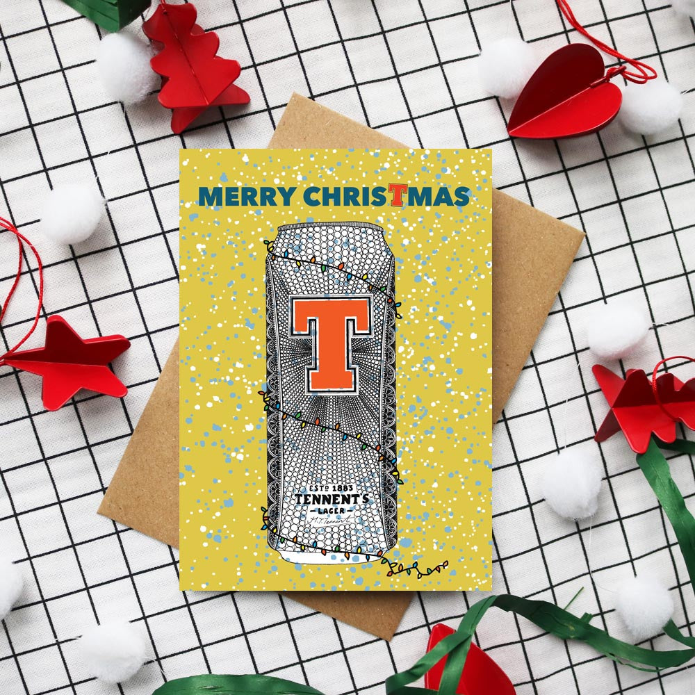 festive tennents can on a colourful Christmas card