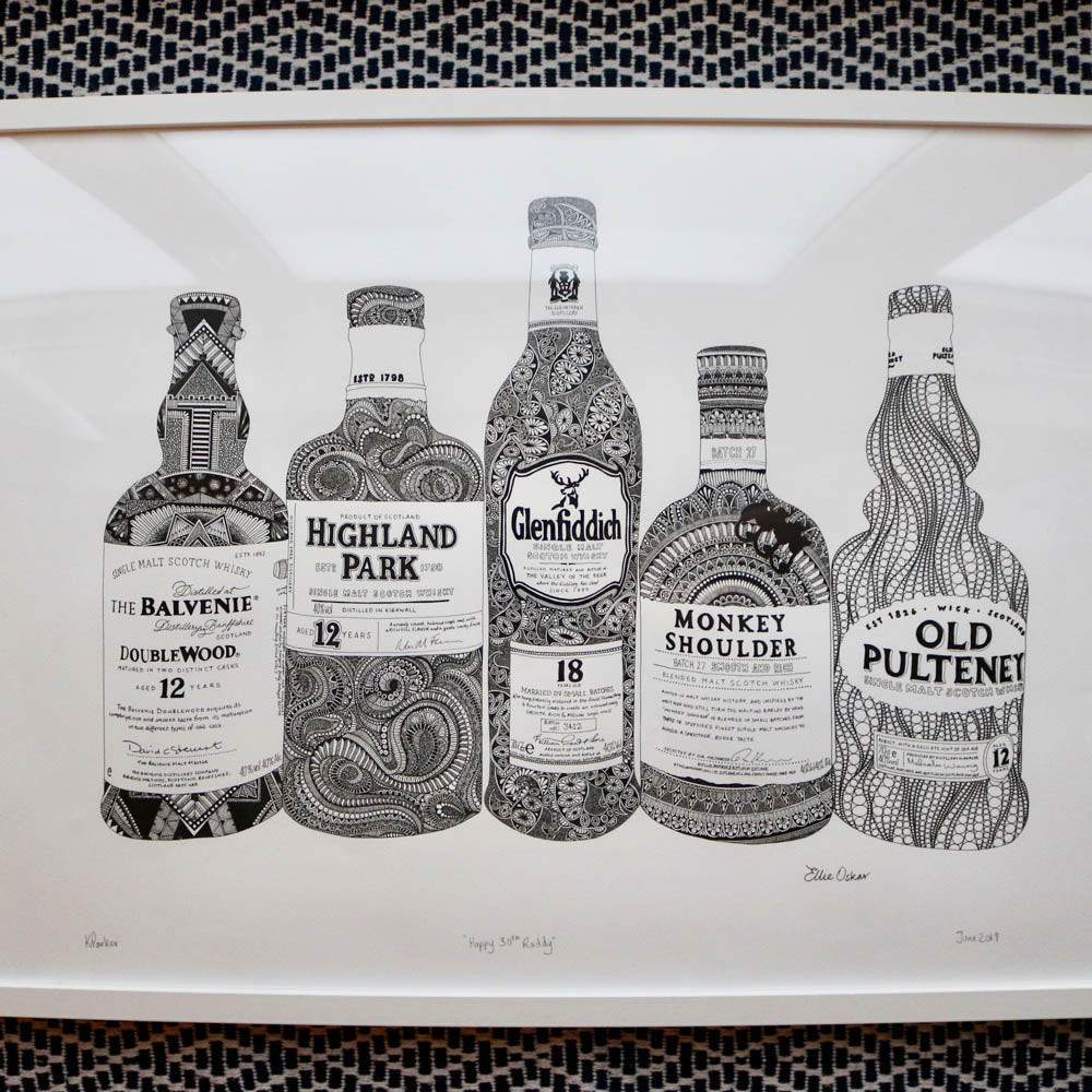 An original artwork of 5 bottles of whisky including Balvenie